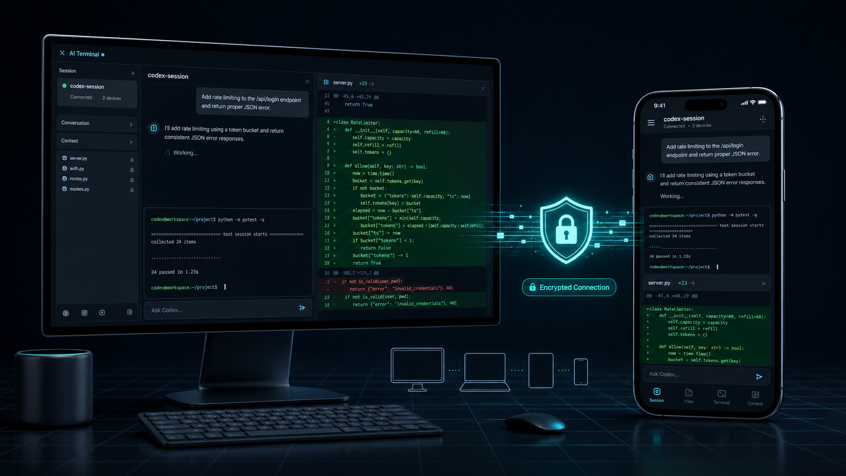 Codex 电脑终端与手机安全连接主题视觉